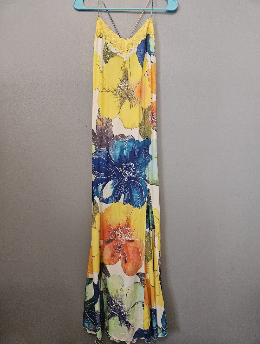 Free People Bloomspell Floral Lace Trim Maxi Dress Size Large L Yellow Colorful